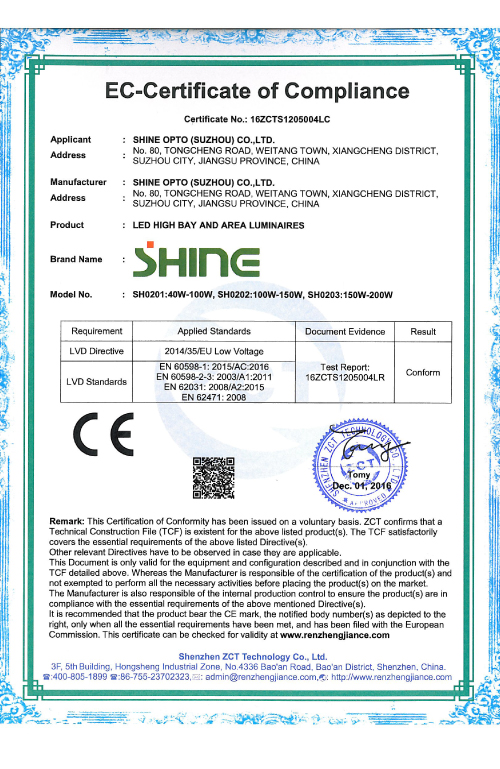 SHINE UFO LVD Certificate